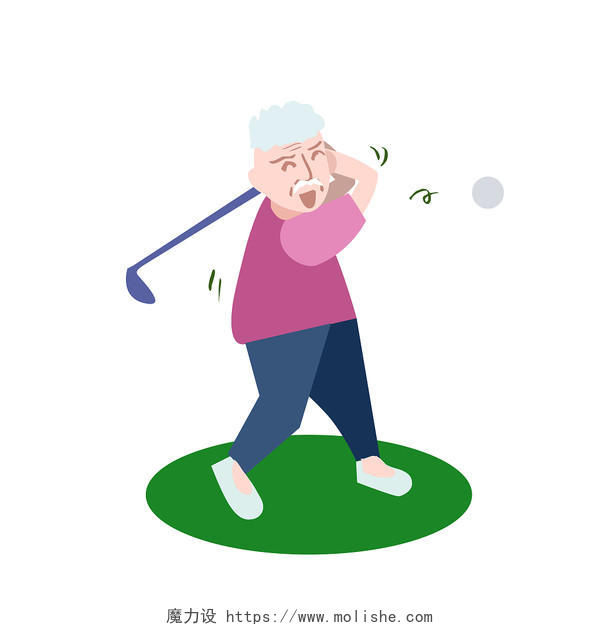 扁平化插画打高尔夫的运动老爷爷老人运动元素